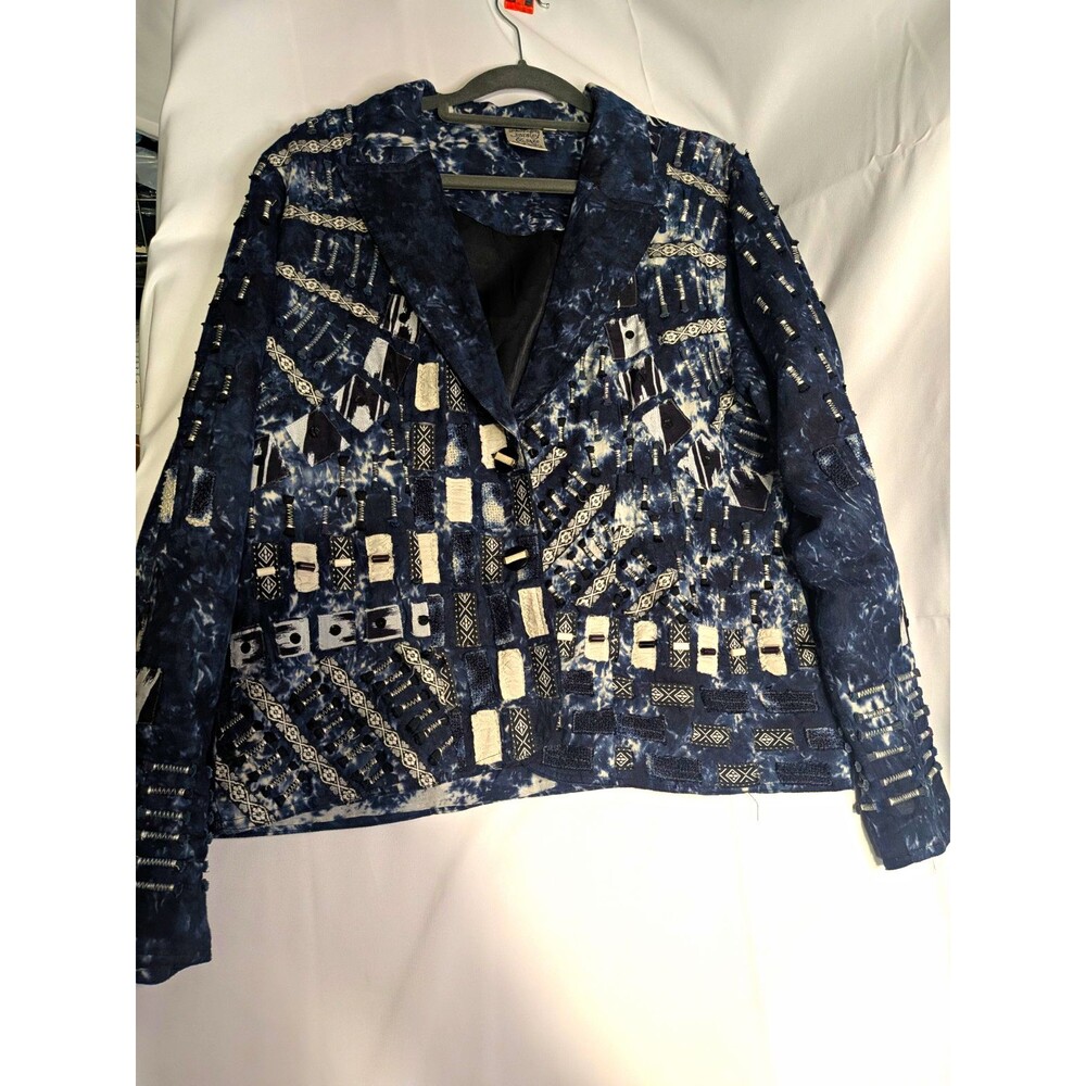 Parsley & Sage Women's Geometric Blue/White Button Front Lined Jacket M
